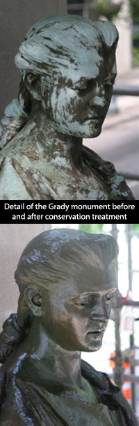 Detail of the Grady monument before and after conservation treatment