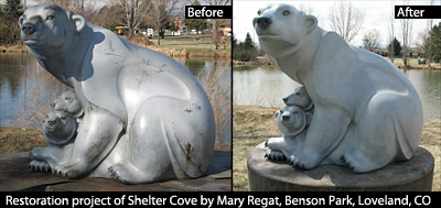 Restoration project of Shelter Cove by Mary Regat, Benson Park, Loveland, CO before and after