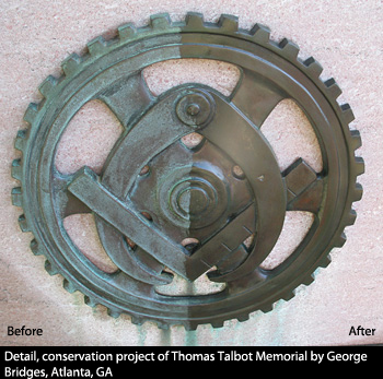 Detail, conservation project of Thomas Talbot Memorial by George Bridges, Atlanta, GA before and after